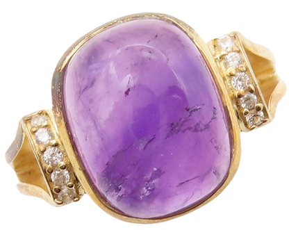 925 Sterling Silver Vintage Ring Gold Plated Cabochon Amethyst & CZ Sz 7 RG30803