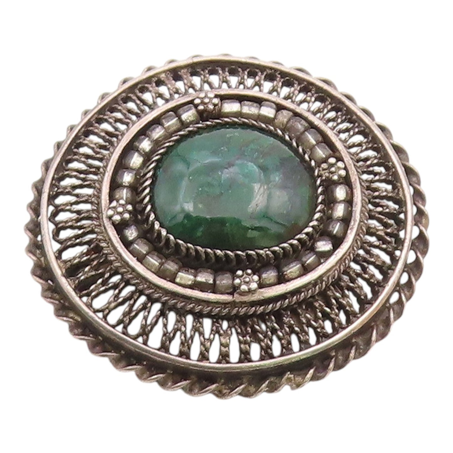 ISRAEL 925 Silver  Vintage Malachite Halo Filigree Floral Brooch Pin  BP10403