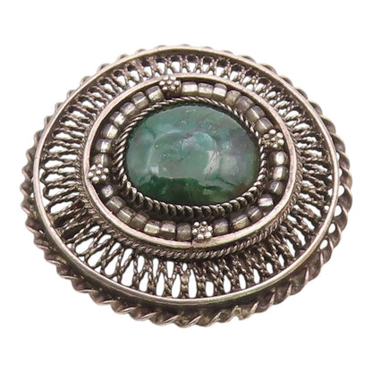 ISRAEL 925 Silver  Vintage Malachite Halo Filigree Floral Brooch Pin  BP10403