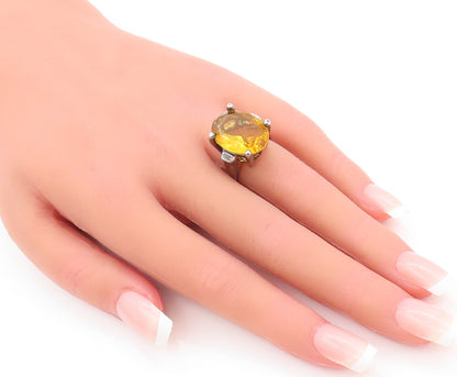 925 Sterling Silver Vintage Ring Large Oval Cut Real Citrine  Sz 6  RG28175