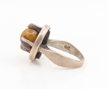 925 Sterling Silver Vintage Ring Round Tiger's Eye Modernist Band  Sz 6  RG34872