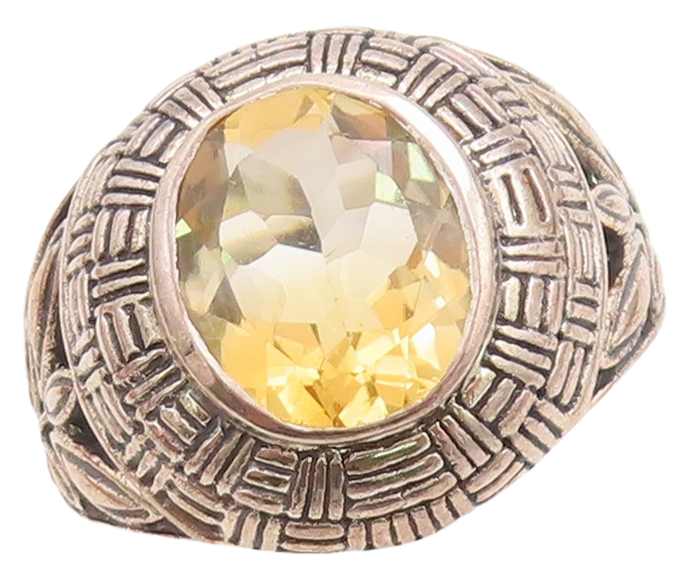 925 Sterling Silver Vintage Ring Woven Design Etched Citrine  Sz 8.5  RG29190