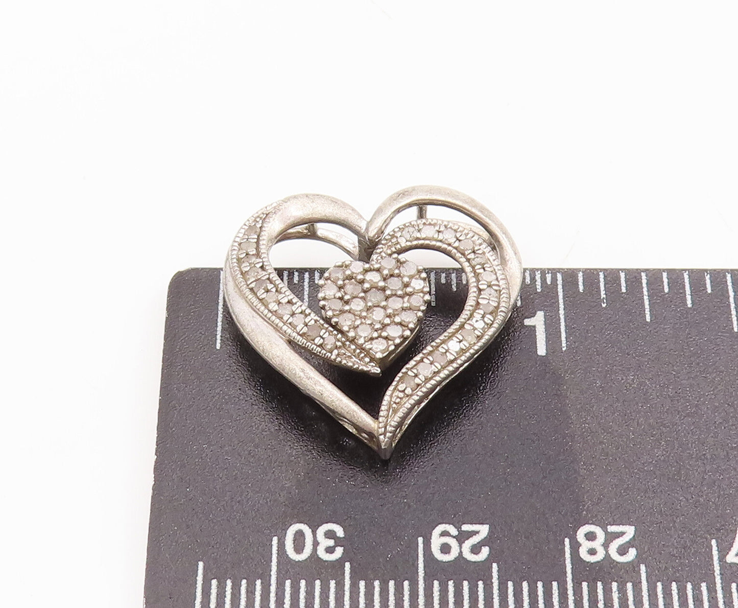 925 Sterling Silver Vintage Pendant Swirly Cutout Inlay Diamonds Heart  PT23087