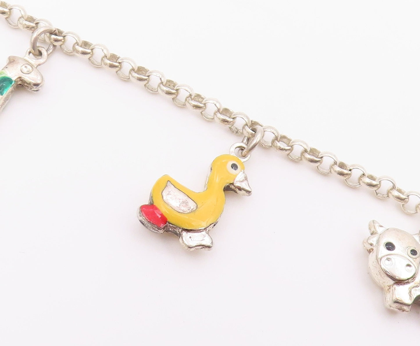 925 Silver  Vintage Lion Giraffe Duck Cow & Elephant Charm Bracelet  BT9333