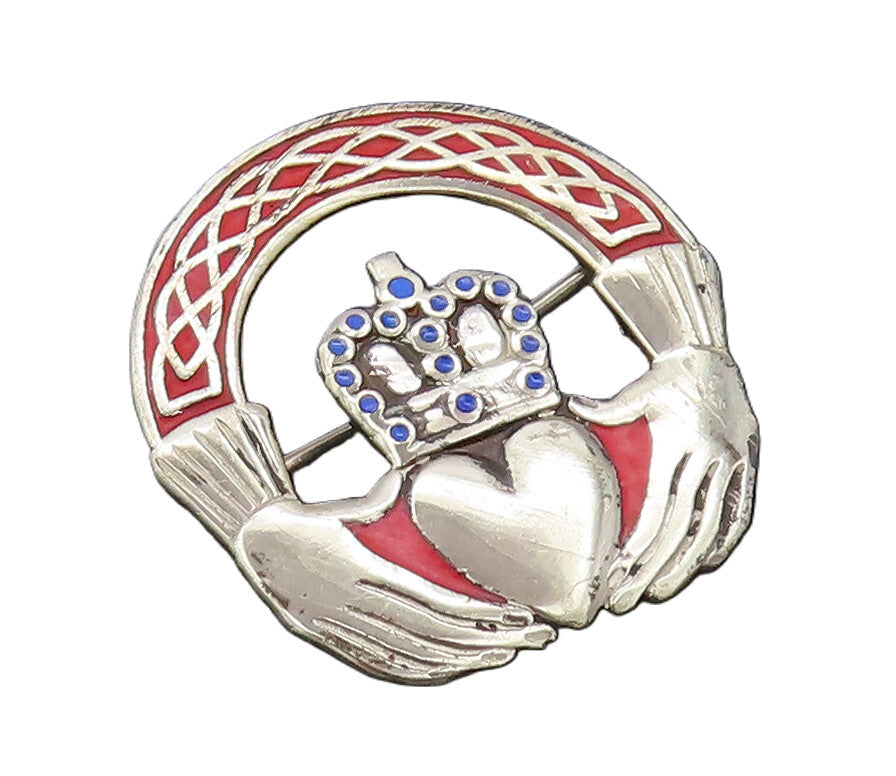 925 Sterling Silver  Vintage Red & Blue Enameled Claddagh Brooch Pin  BP10436