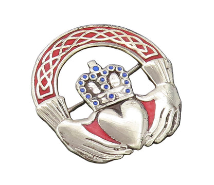 925 Sterling Silver  Vintage Red & Blue Enameled Claddagh Brooch Pin  BP10436