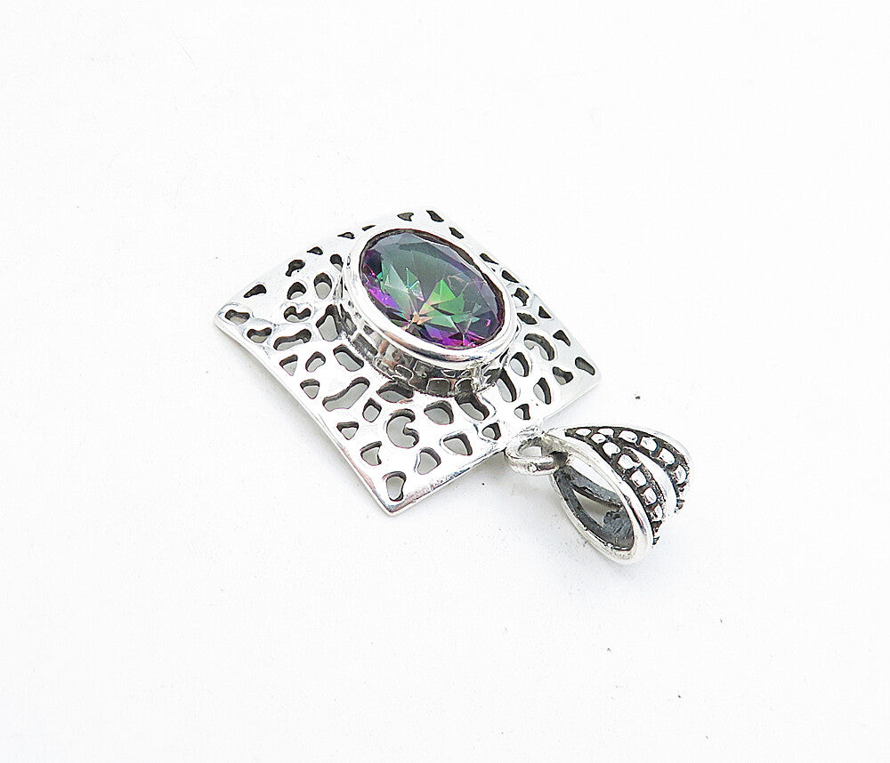 925 Sterling Silver  Mystic Topaz Shiny Cutout Square Drop Pendant  PT3380