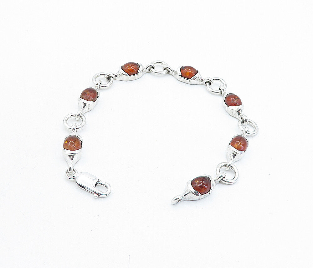 925 Sterling Silver  Cabochon Cut Amber Round Link Chain Bracelet  BT2158