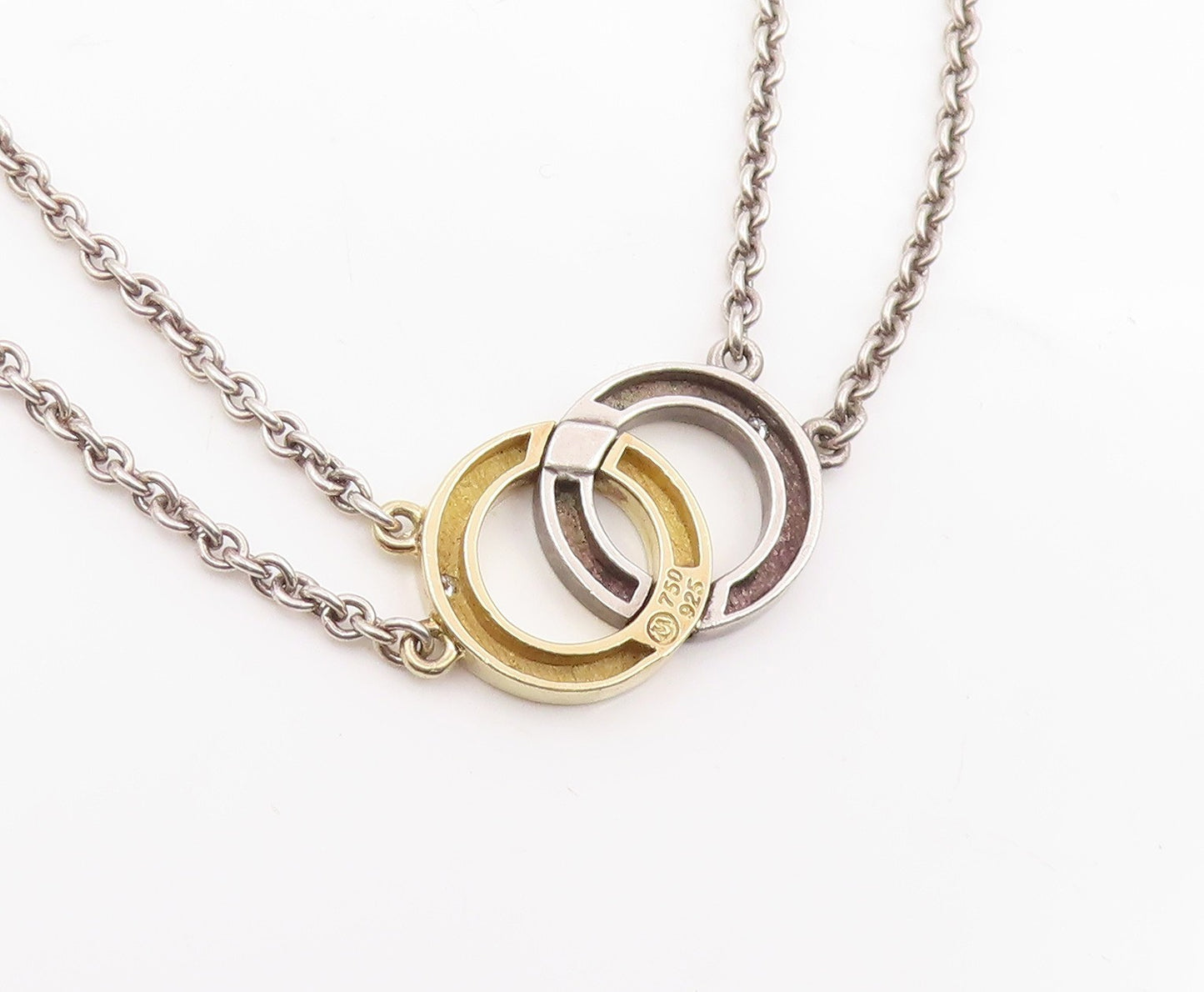 18k Gold & 925 Sterling Silver Vintage Necklace Real Diamonds Circle  NE4834