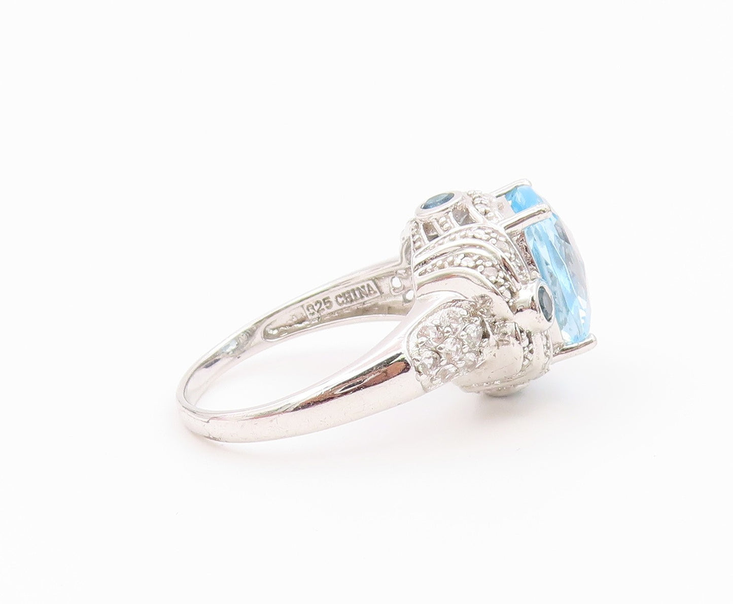925 Sterling Silver Vintage Ring Elegant Blue Topaz & CZ Band  Sz 10  RG36562