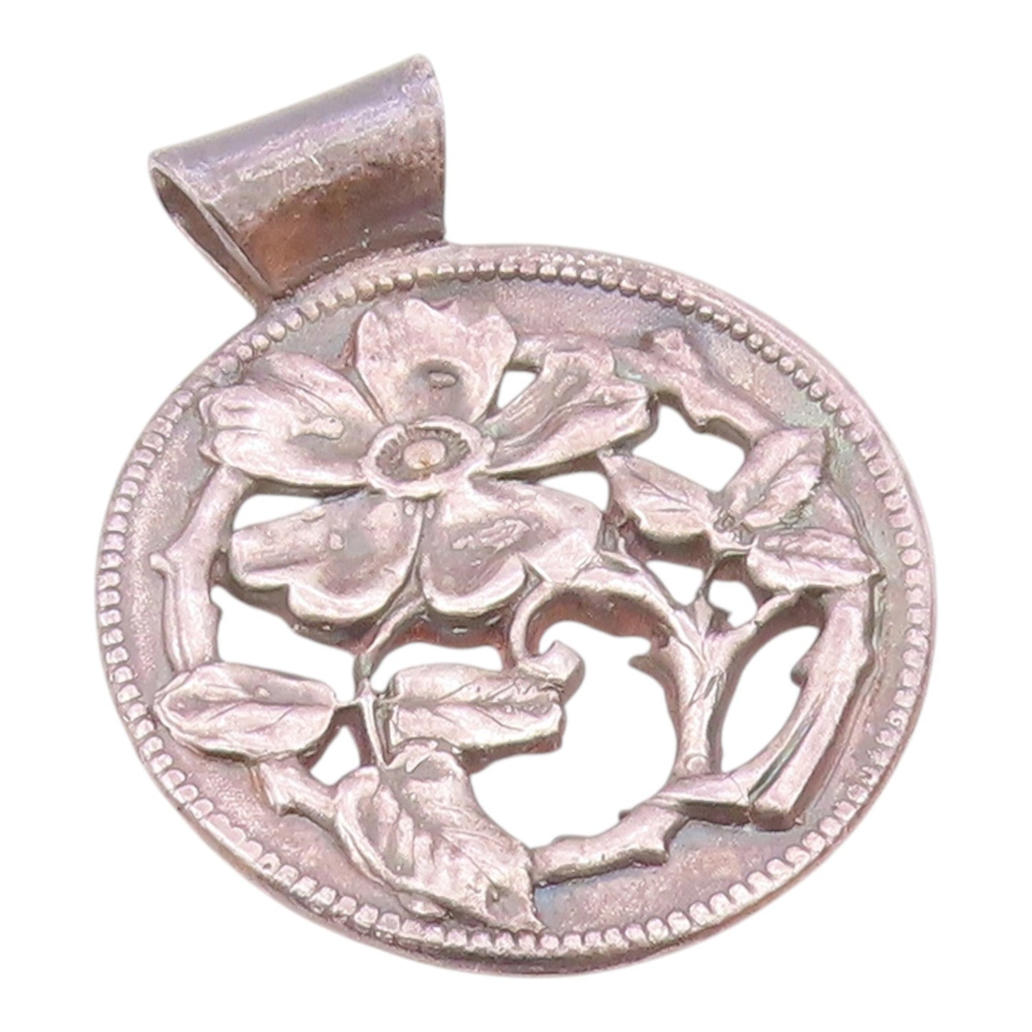 925 Sterling Silver Vintage Beaded Edge Flower & Leaves Cutout Pendant PT21893