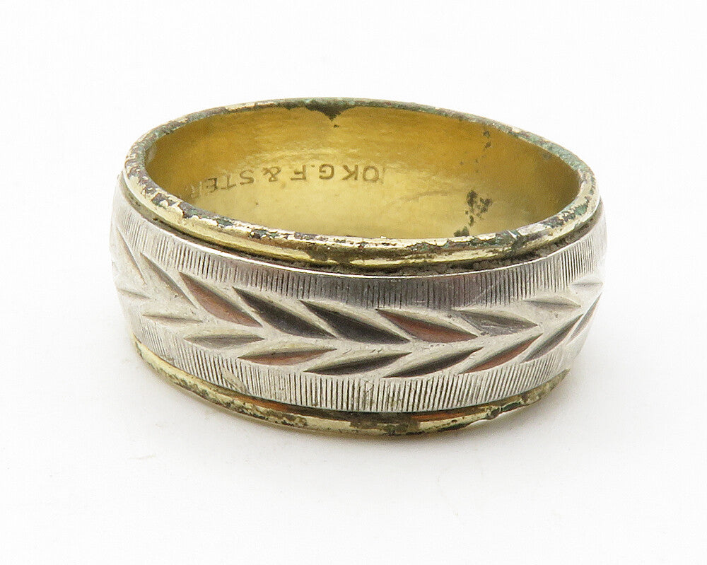 925 Sterling Silver  Vintage Floral Vine Etched 2 Tone Band Ring Sz 7  RG13240