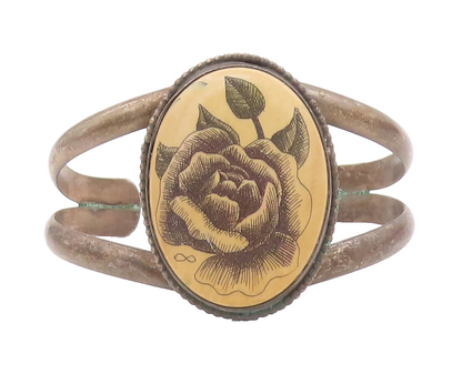 925 Sterling Silver Vintage Bracelet Painted Rose Antique Split Cuff  BT10452