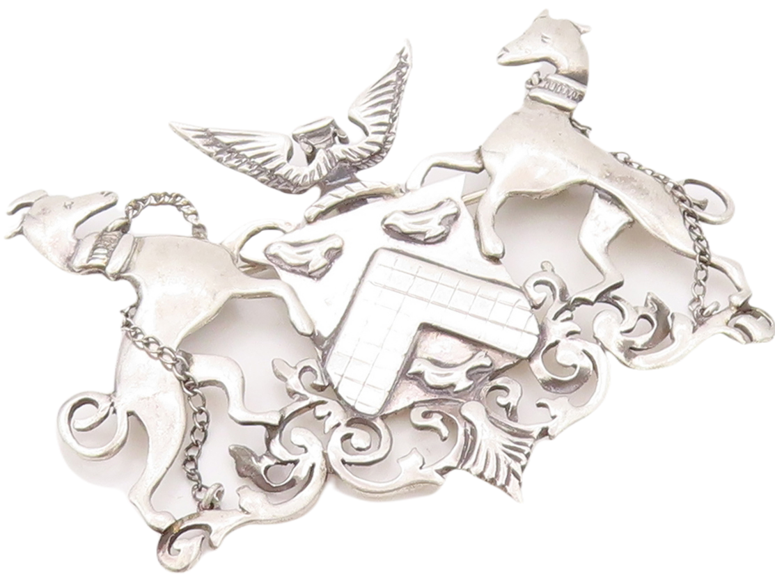 925 Sterling Silver Vintage Brooch Pin Coats Of Arms 2 Dogs Eagle Crest  BP11189