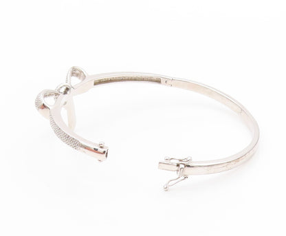 925 Sterling Silver Vintage Bracelet Genuine Diamonds Ribbon Bow Bangle  BT11803