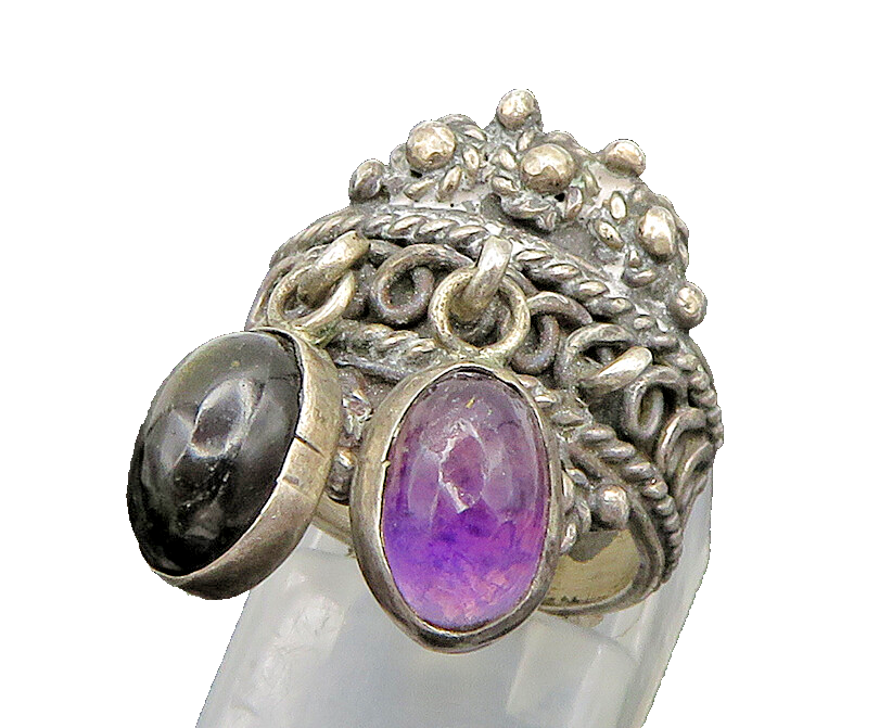 925 Silver  Vintage Rope Twist Onyx & Amethyst Dangle Ring Sz 5  RG24427