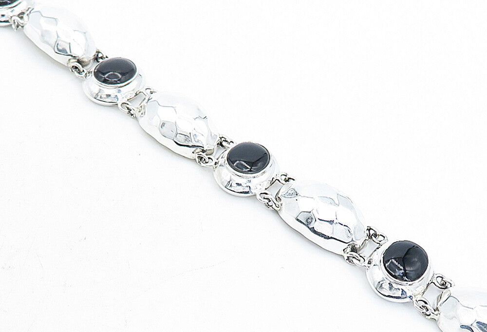 925 Sterling Silver  Black Onyx Shiny Hammered Dome Chain Bracelet  BT1933