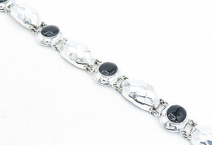 925 Sterling Silver  Black Onyx Shiny Hammered Dome Chain Bracelet  BT1933