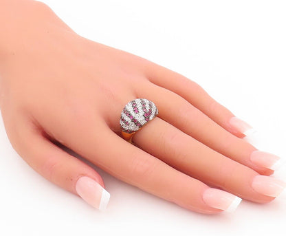 925 Sterling Silver Vintage Ring Domed Pink & White CZ Inlay Band  Sz 7  RG28672