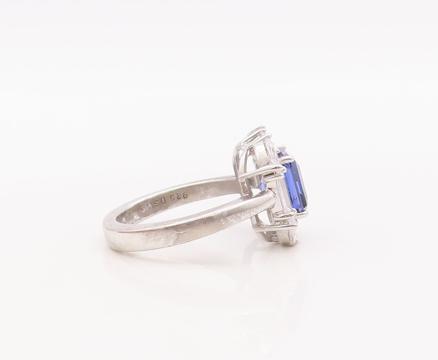 925 Sterling Silver Vintage Ring Square Cut Sapphire Halo Topaz  Sz 7 RG29304