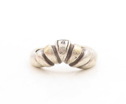 925 Sterling Silver Vintage Ring Dark Tone Diamonds Inlay Grooved Sz 5.5 RG31241
