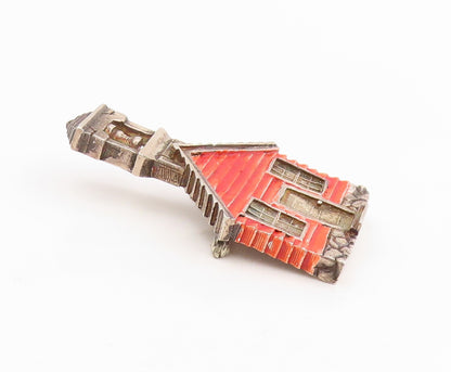 925 Sterling Silver Vintage Brooch Red Enameled Schoolhouse With Bell  BP12046