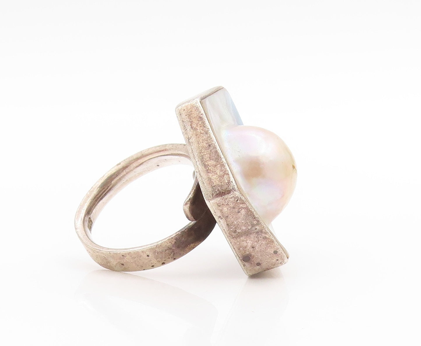 925 Sterling Silver Vintage Ring Mother Of Pearl Hexagonal Band  Sz 8  RG34083