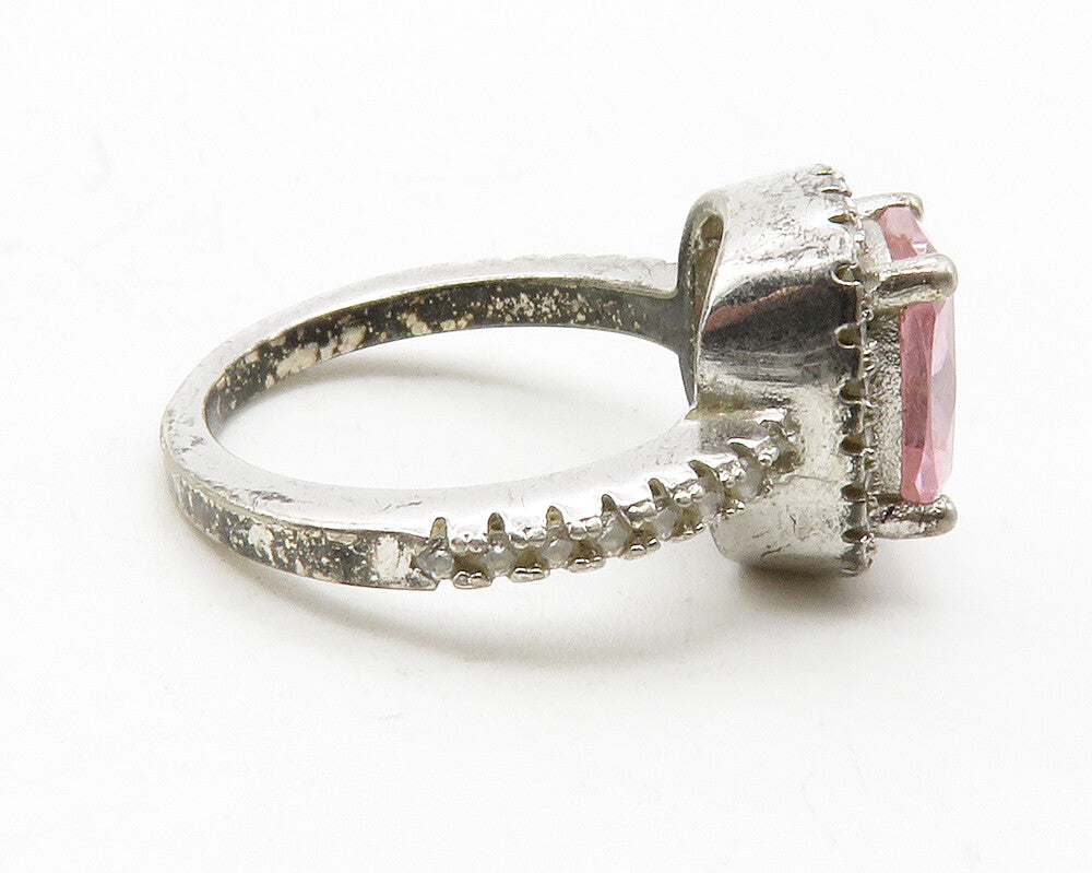 925 Sterling Silver  Vintage Pink Cubic Zirconia Square Band Ring Sz 5 RG13686