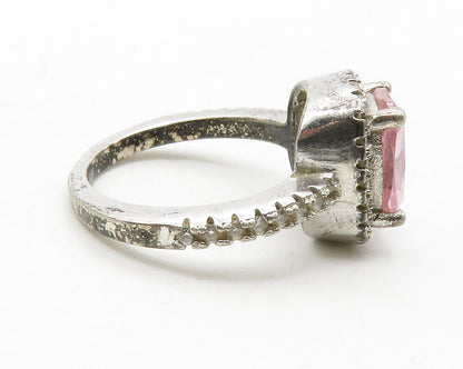 925 Sterling Silver  Vintage Pink Cubic Zirconia Square Band Ring Sz 5 RG13686