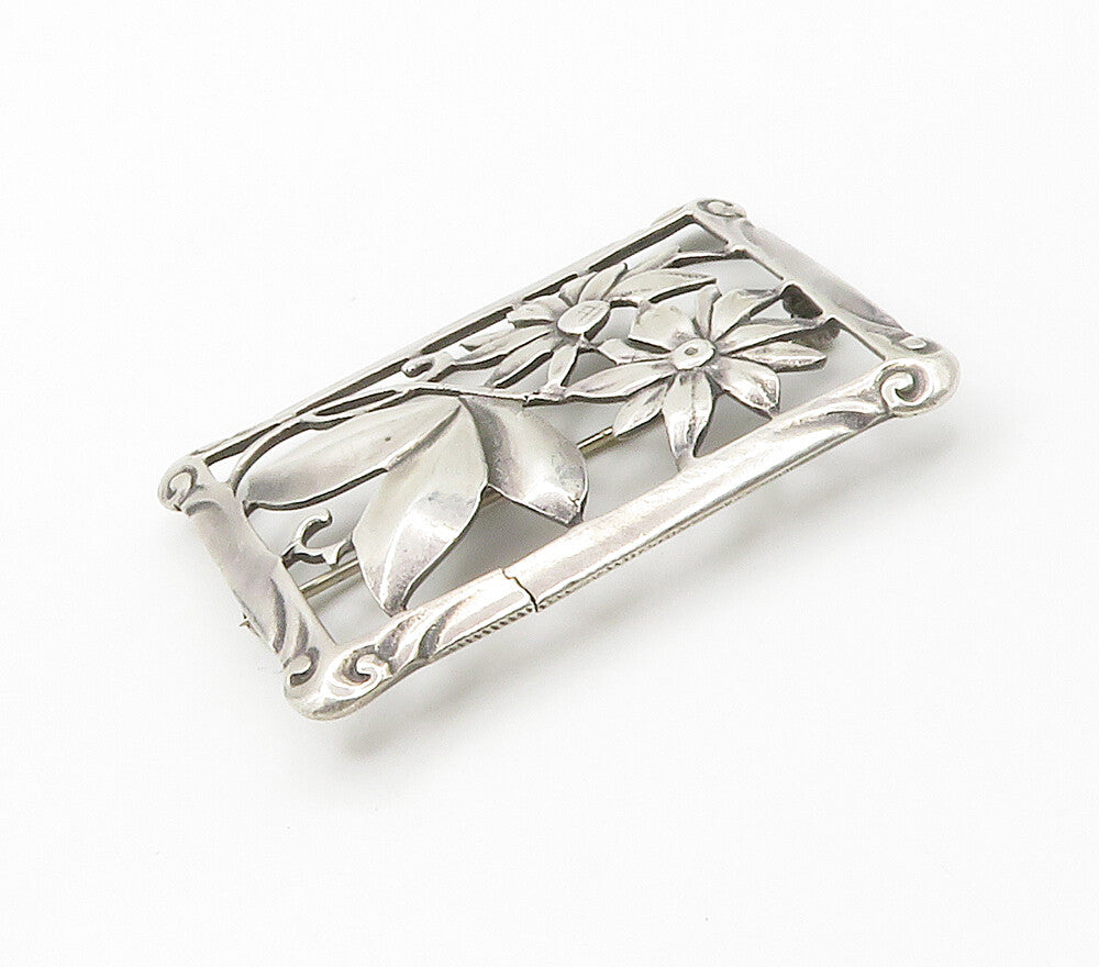 925 Sterling Silver  Vintage Daisy Flowers Swirl Border Brooch Pin  BP5933