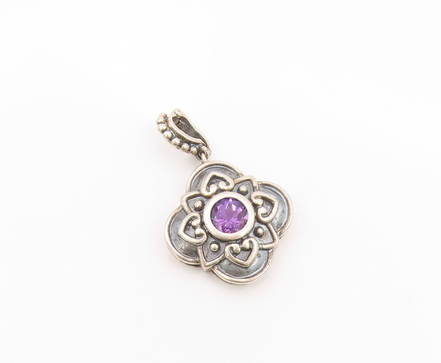 925 Sterling Silver Vintage Pendant Dark Tone Amethyst Floral Carved   PT24099