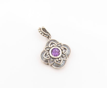 925 Sterling Silver Vintage Pendant Dark Tone Amethyst Floral Carved   PT24099