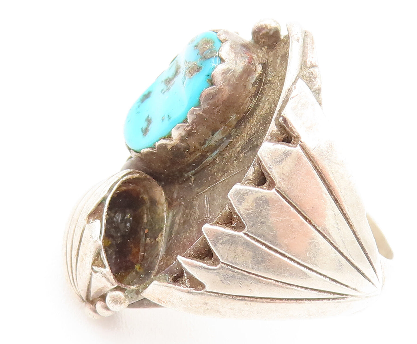 NAVAJO 925 Silver  Vintage Modern Engraved Lines Turquoise Ring Sz 10  RG26170