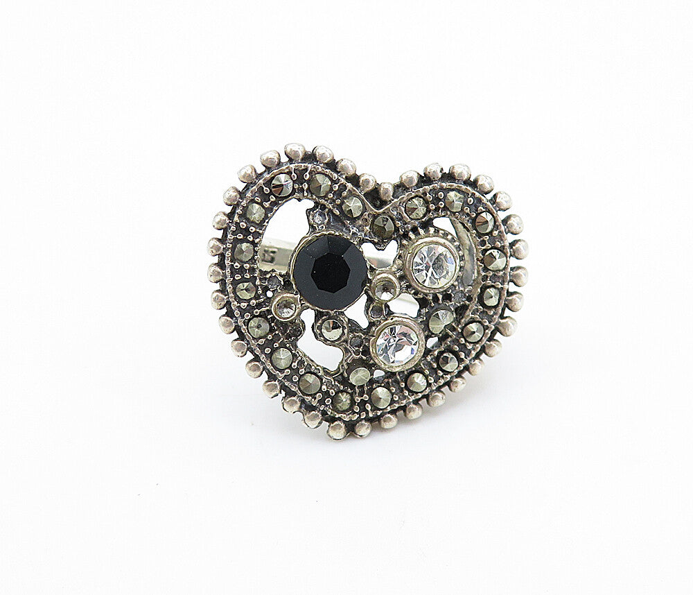 925 Silver  Vintage Hematite & Cubic Zirconia Cocktail Ring Sz 5.5  RG7729