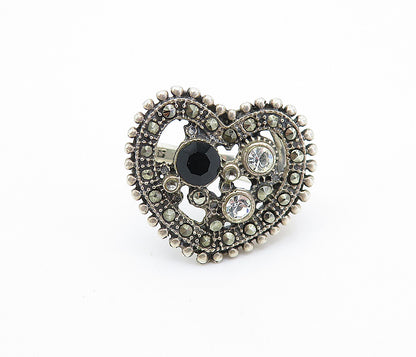 925 Silver  Vintage Hematite & Cubic Zirconia Cocktail Ring Sz 5.5  RG7729