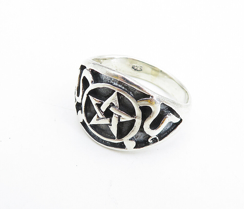 925 Sterling Silver  Vintage Pentagram Star Swirl Large Band Ring Sz 12 RG7511