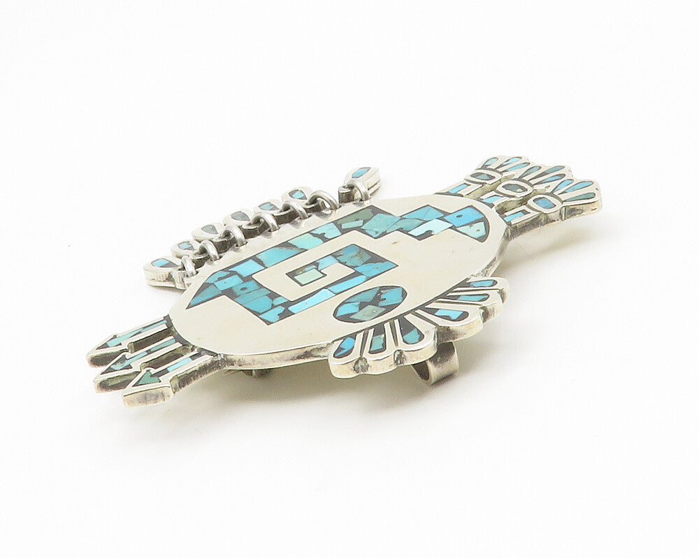 MEXICO 925 Sterling Silver  Vintage Turquoise Mosaic Pattern Brooch Pin BP5343