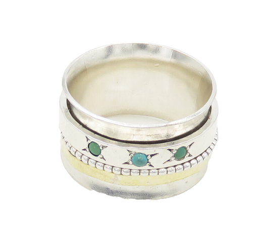 STAV 925 Silver  Vintage Shiny Turquoise Hammered Band Ring Sz 7  RG18336
