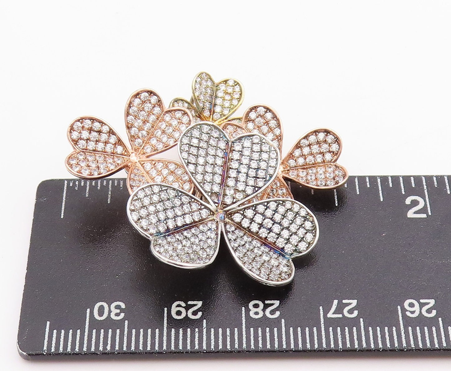 925 Sterling Silver Vintage Pendant 3 Tone Gold Plated CZ Flowers  PT24543