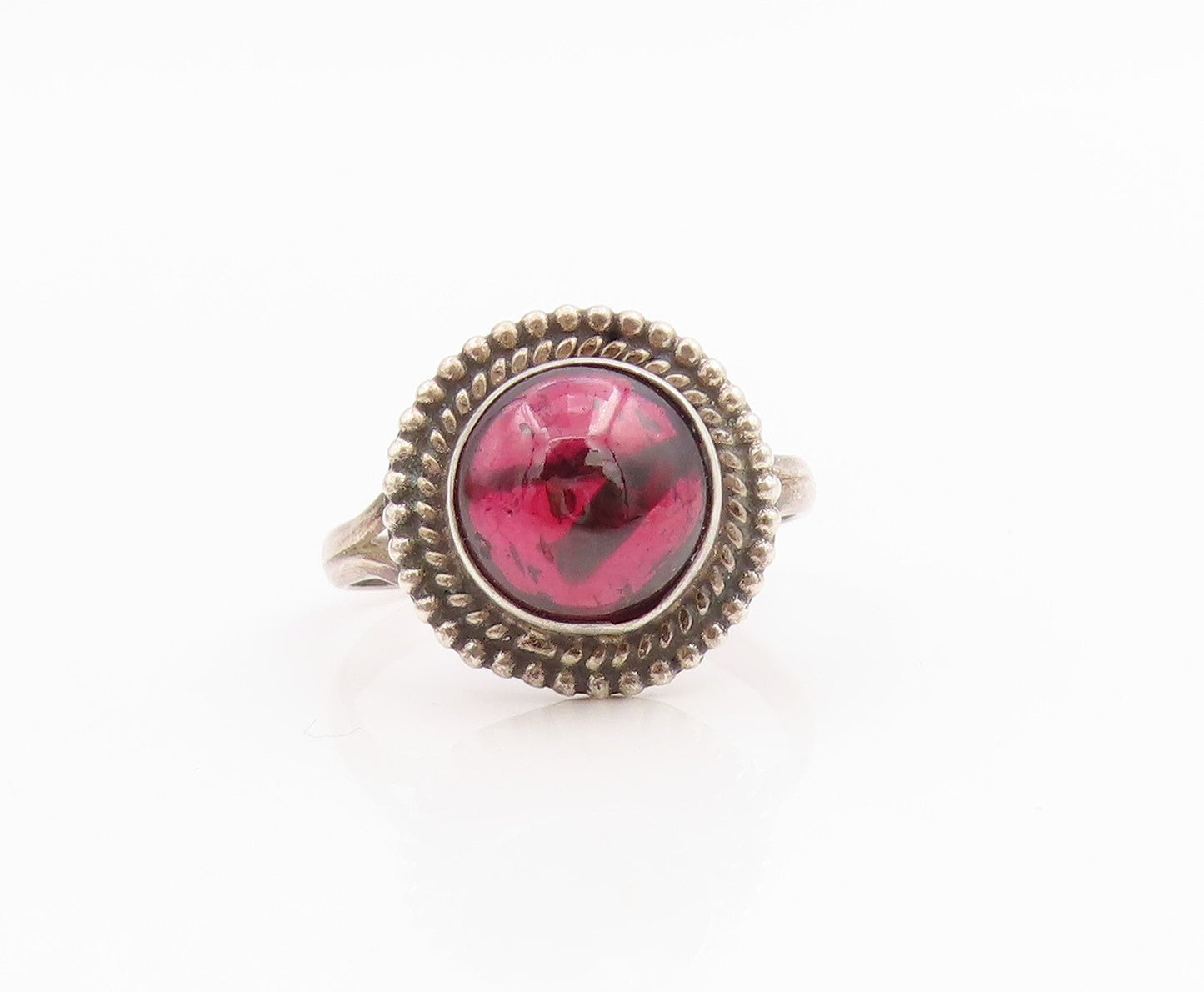 925 Sterling Silver Vintage Ring Cabochon Garnet Halo Rope Border Sz 5.5 RG34816