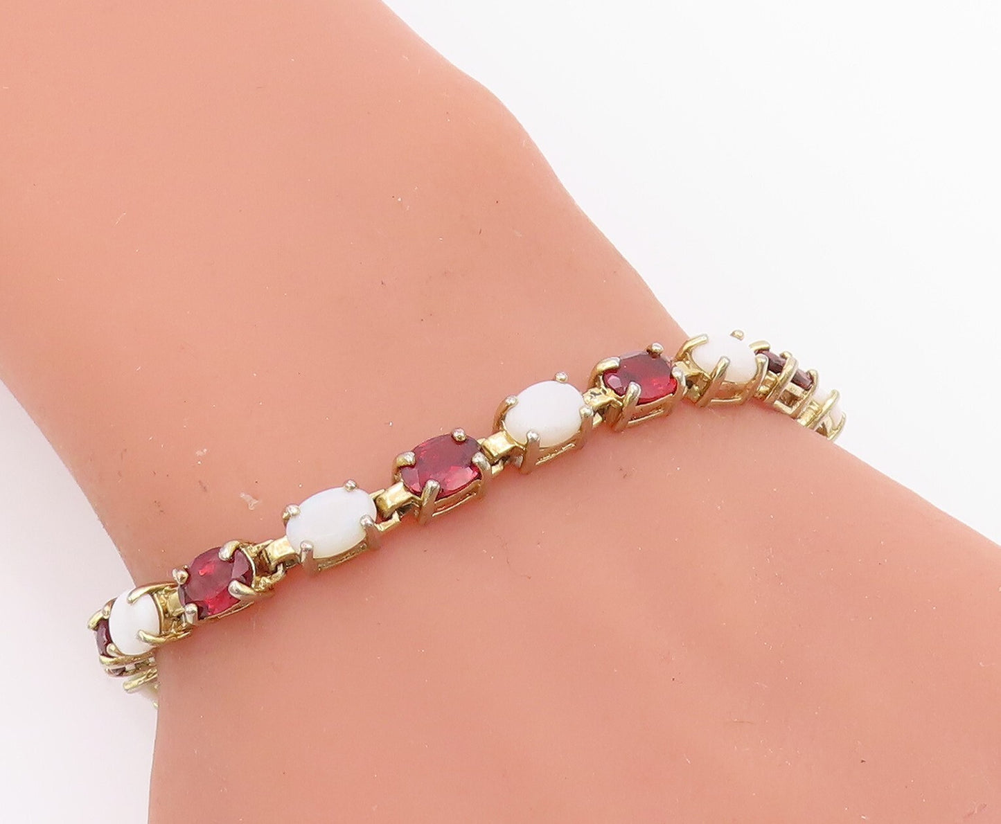 925 Sterling Silver Vintage Bracelet Gold Rings Oval Garnet & Gemstones  BT10987