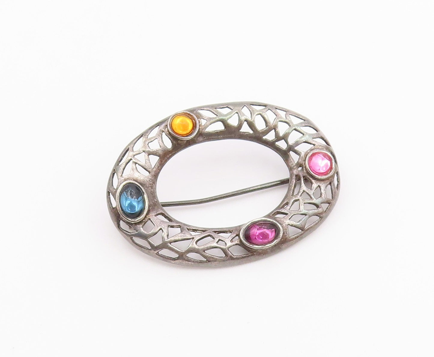 925 Silver  Vintage Cabochon Topaz Amethyst & Stones Oval Brooch Pin  BP10167