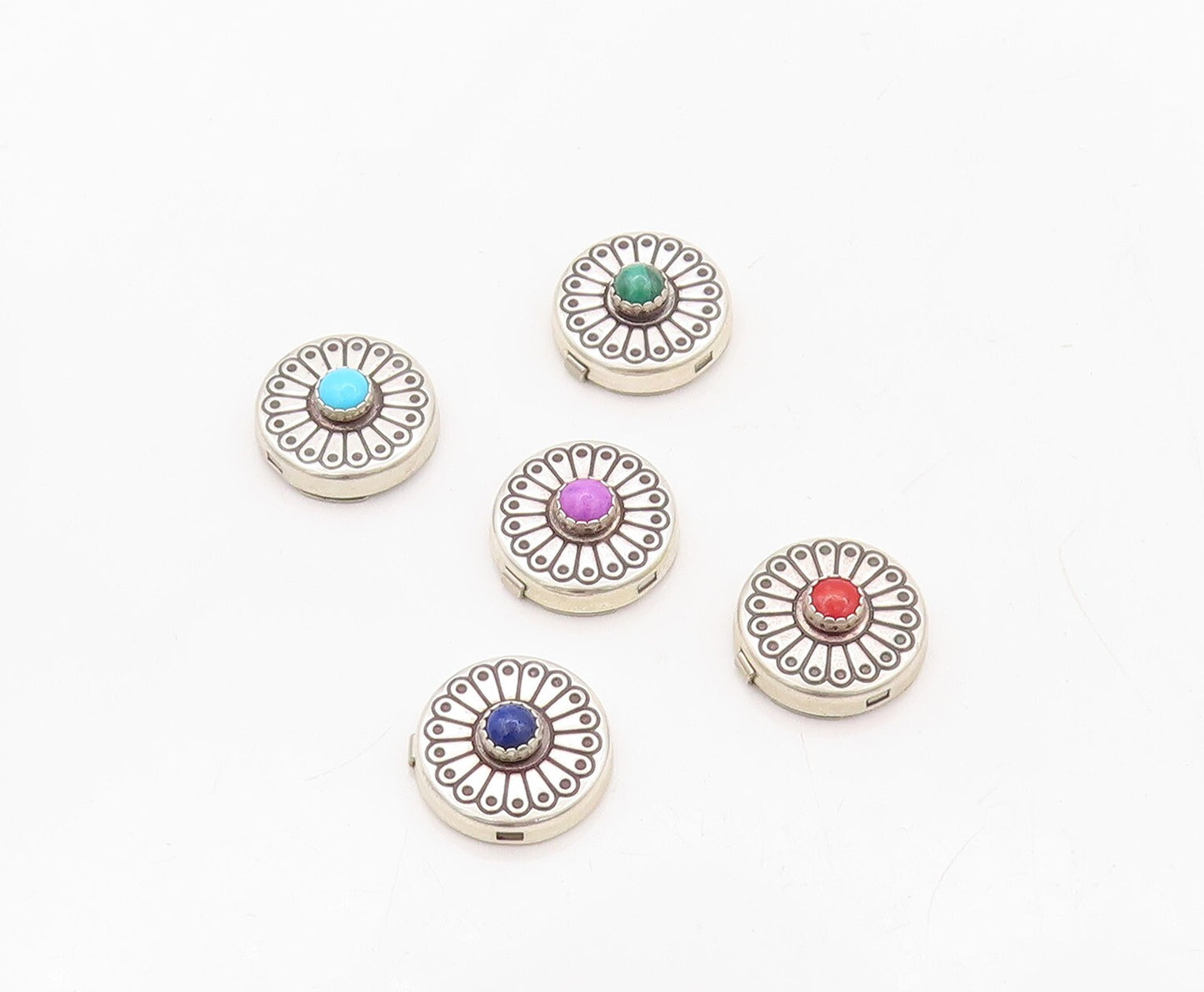 925 Sterling Silver Vintage Button Covers NAVAJO Gemstone Flowers  TR3794