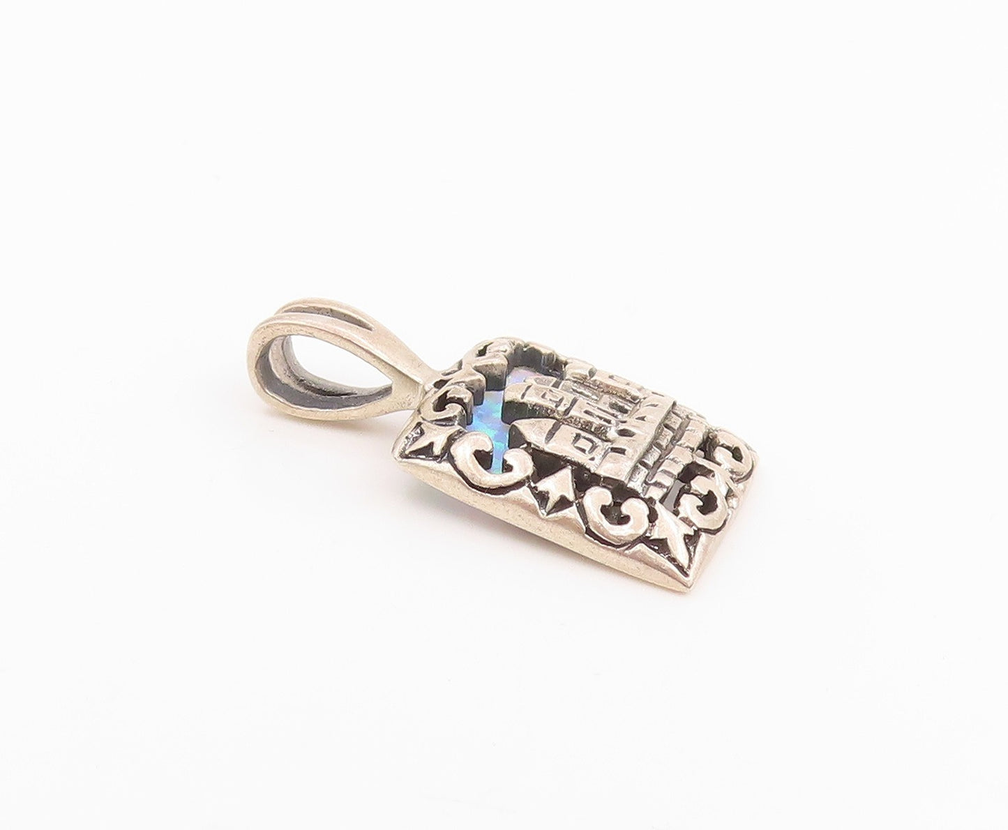 925 Sterling Silver Vintage Pendant Fire Opal Jerusalem Skyline Charm  PT26228