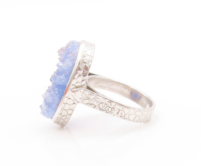 925 Sterling Silver Vintage Ring Oval Shape Blue Drusy Quartz  Sz 7  RG32797