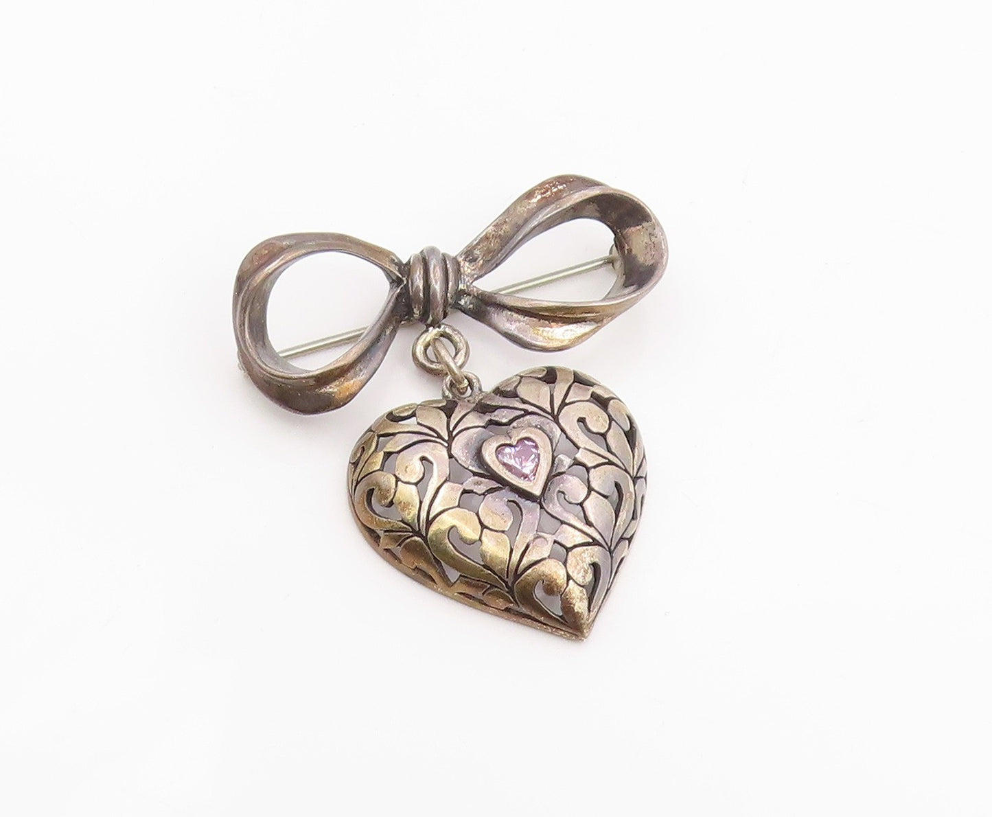 925 Sterling Silver Vintage Brooch Pin JEZLAINE Pink Topaz Heart & Bow  BP12337