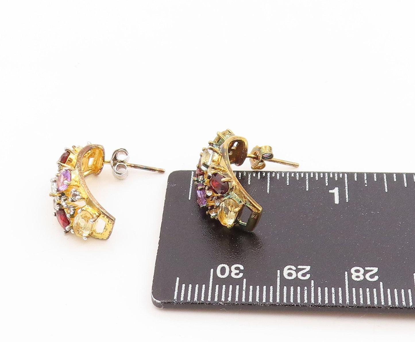 925 Sterling Silver Vintage Earrings Gold Plated Multi Gemstone Hoops  EG14325