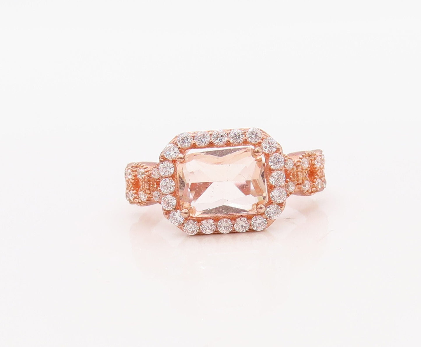 925 Sterling Silver Vintage Ring Rose Gold Plated Morganite & CZ Sz 7  RG30635