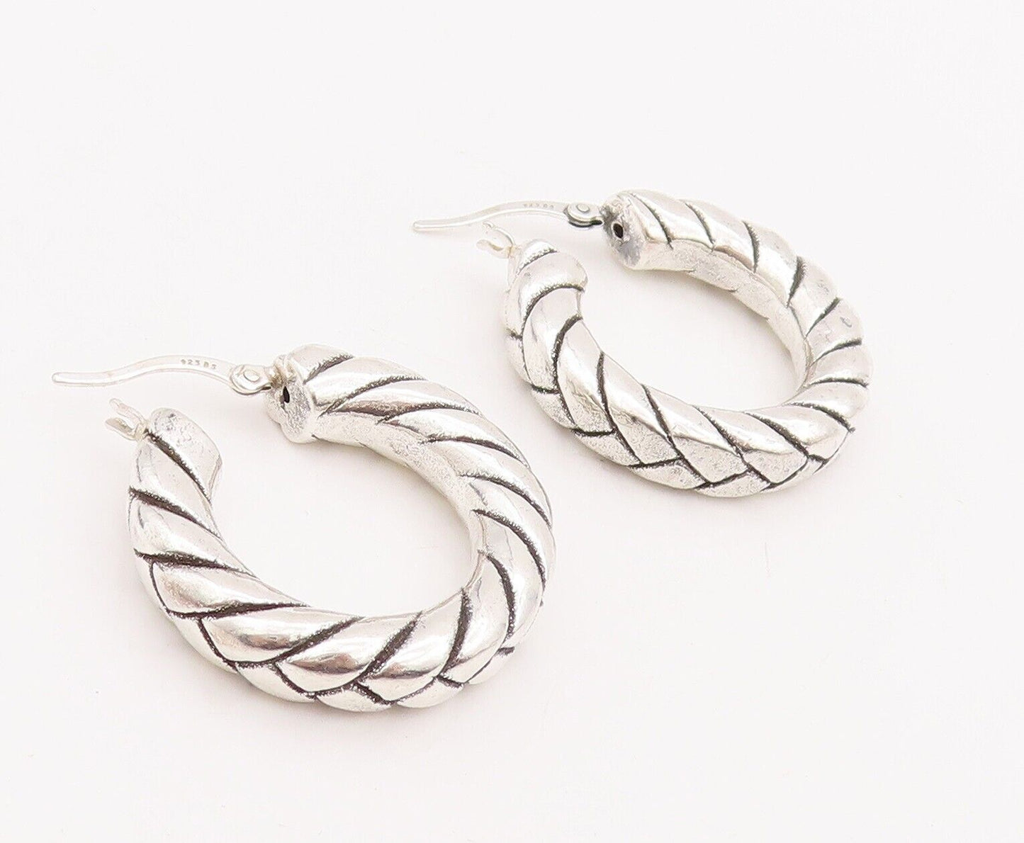 925 Sterling Silver Vintage Earrings Solid Twisted Rope Etched Hoops  EG13088
