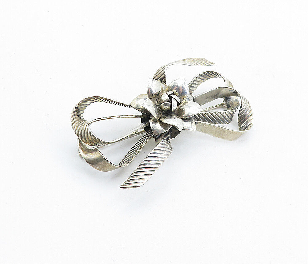 RAFFAELE 925 Silver  Vintage Sculpted Flower Ribbon Bow Brooch Pin  BP2112